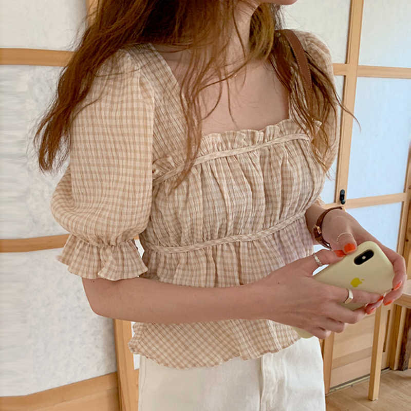 Korejpaa Women Shirt Summer Korean Chic Gentle Sweet Square Collar Plaid Wood Ear Stitching Pleated Puff Sleeve Blouses 210526