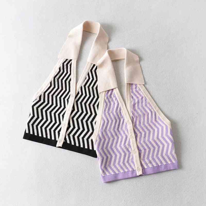 Nomikuma Knitted Short Tank Tops Korean Hit Color Striped Vest Summer Single Breasted Tops Halter Backless Slim Tanks 6G623 210427