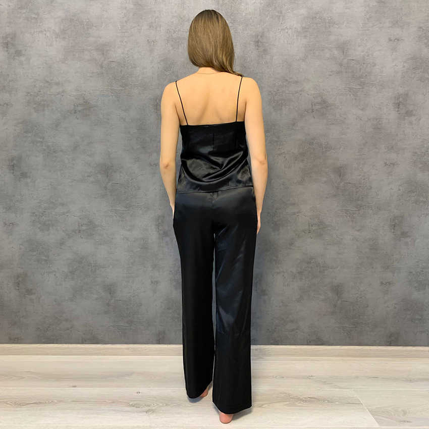HECHAN White Black Satin Sexy Pajamas Women V Neck Spaghetti Strap Loose Pants Intimate Lingerie Female Set Homewear Casual 210924