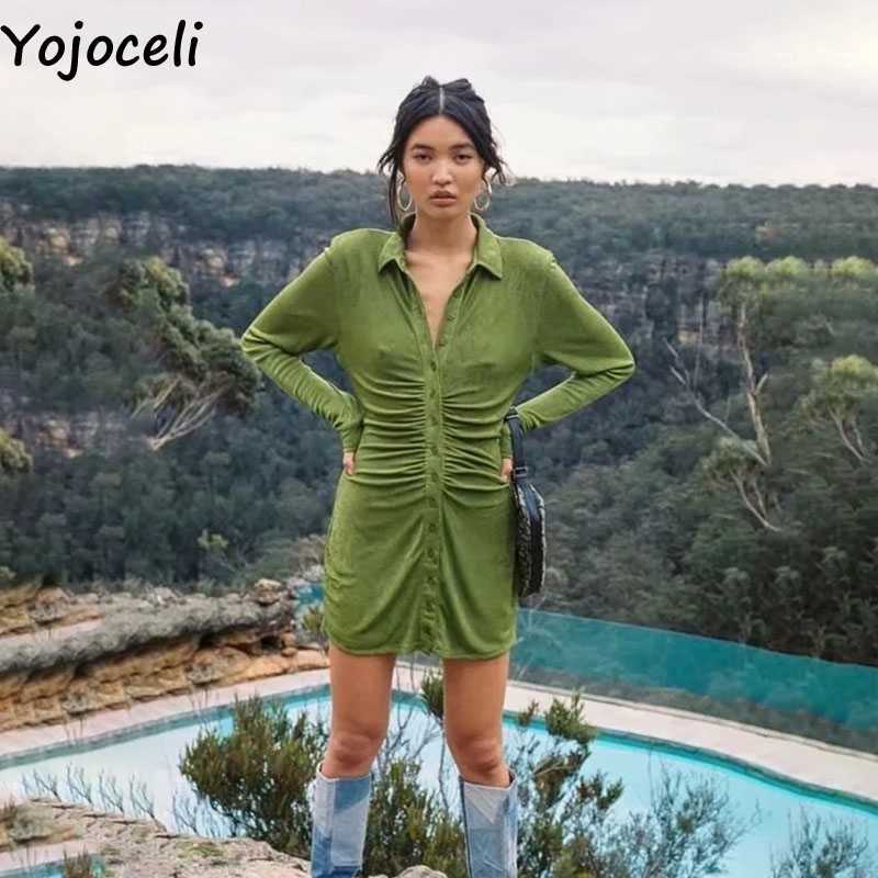 Yojoceli Sexy pleated velvet autumn dres Party club bodycon female Casual daily short shirt vestidos 210609