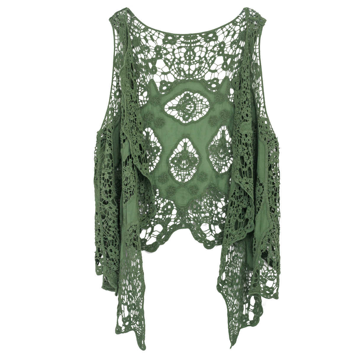 Jastie Summer Beach Cover Up Top Cardigain Hippie Froral Patchwork Lace Vest Retro Vintage Crochet Asymmetric Open Stitch Kimono 210819
