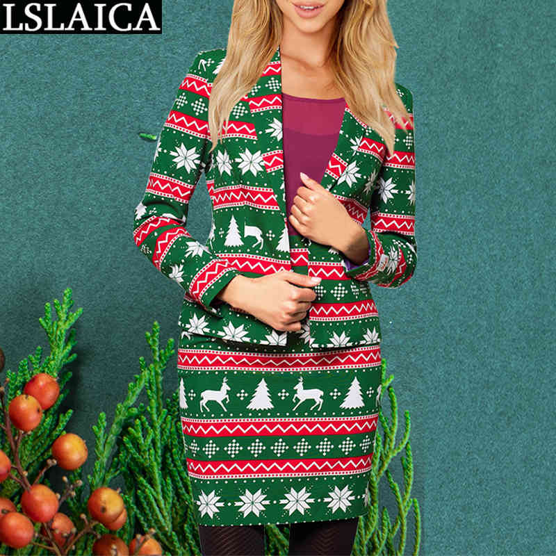 2 Pc Set for Women Floral Print Long Sleeve Blazers Tops Mini Skirt Sets Autumn Winter Office Lady Christmas Two Piece Outfits 210520