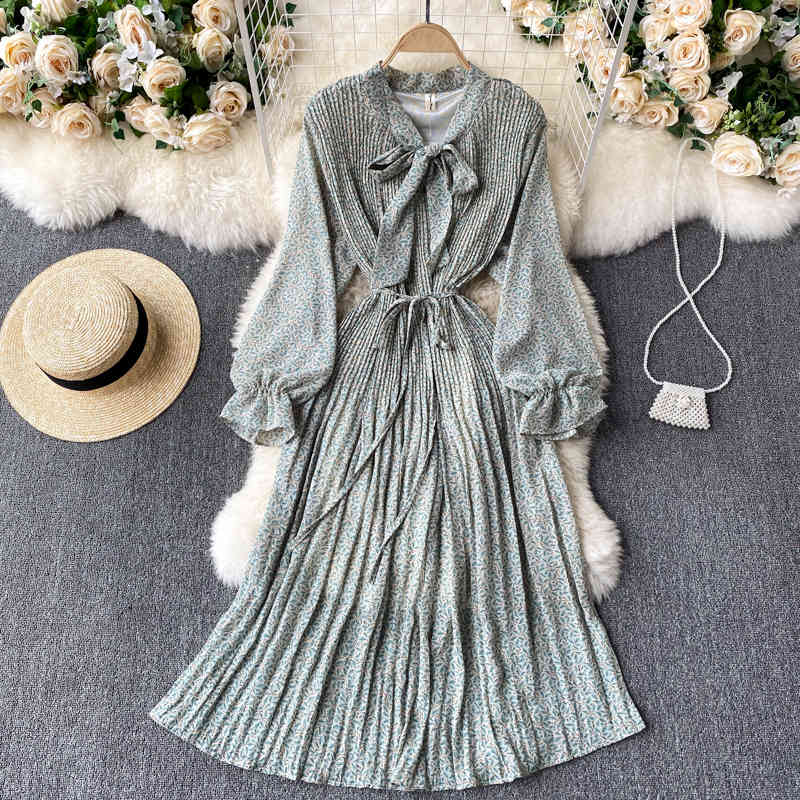 Autumn Fashion Streetwear Midi DressWomen French Sweet Print Blouse Korean Chic Bow Collar Puff Sleeve A-line Dresses 210521