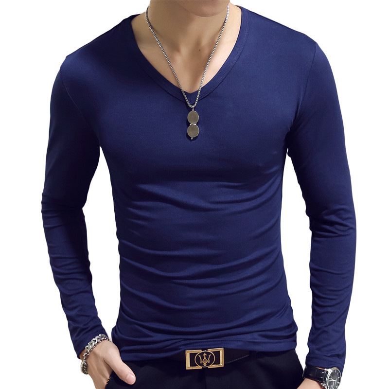 Spring and autumn men's T-shirt long sleeve round neck solid color top bottom coat Korean slim V-neck