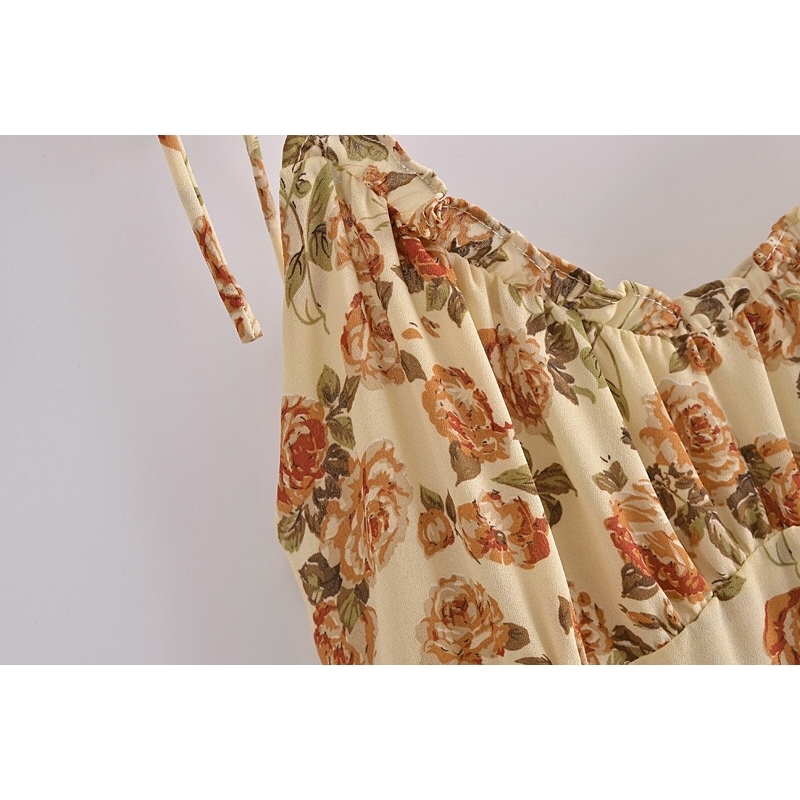 Holiday Summer Yellow Floral Print Sling Dress Sexy V Neck A-line Chiffon Long Bandage Adjust Spaghetti Strap Beach 210429