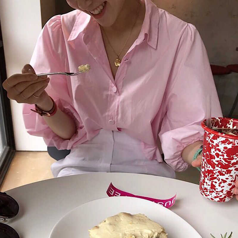 Chic Puff Sleeve Korean Women Blouses Causal Turn-down Collar Shirt Summer Sweet Pink Blusas De Mujer 6G905 210603