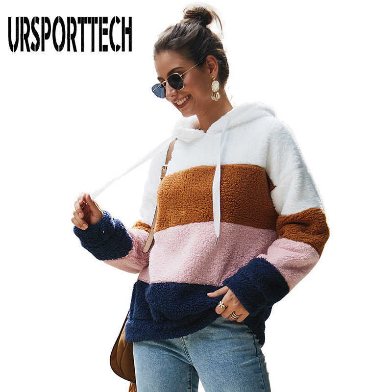 Fax Fur Hoodies Women Hooded Sweatshirt Striped Long Sleeve Autumn Pullover Ladies Thick Warm Teddy Hoodie Casual Streetwear 210528