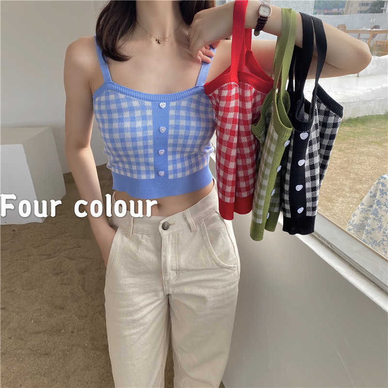 WOMENGAGA Sweet check candy short vest summer top's bottom Knitted Top tank red sexy women korean P8BU 210603