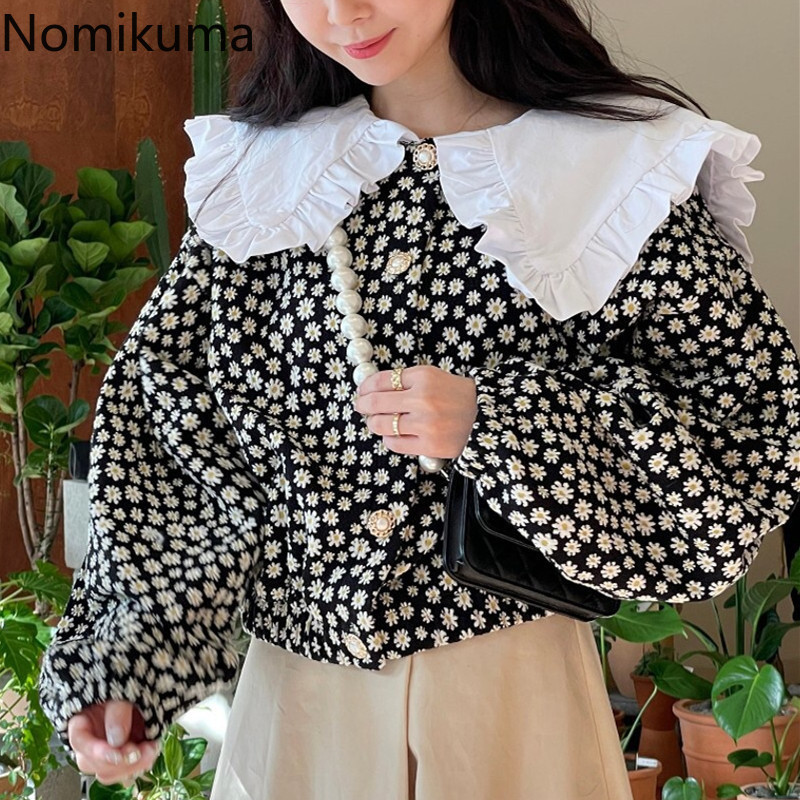 Nomikuma Spring Korean Floral Women Blouses Korean Hit Color Peter Pan Collar Shirt New Short Causal Sweet Blusas 6F718 210427