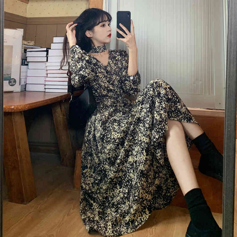 French V-neck Floral Long Dress Vintage es Women Marble and Leaf Print Autumn Winter Elegant es 13079 210506