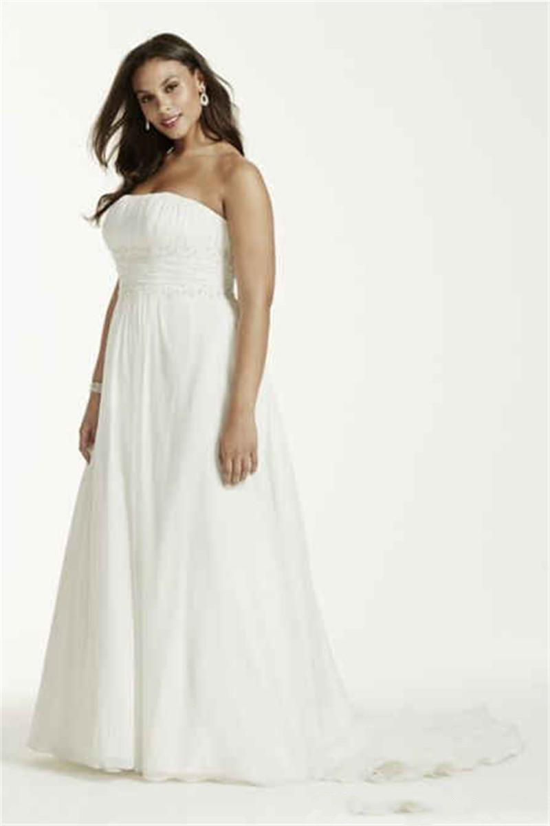 Plus Size Beach Wedding Dresses New Custom Made Court Train Sleeveless Strapless Pleats Empire Waist Elegant Chiffon Bridal Gowns W