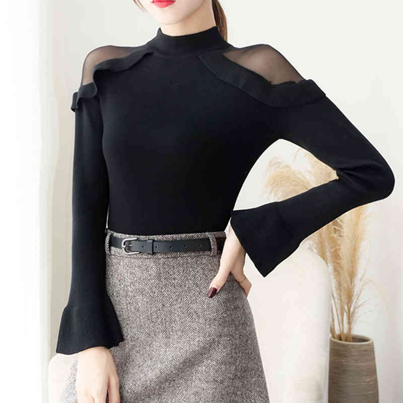 Spring Flare Sleeve Off Shoulder Women's Sweater Slim Fit Turtleneck Fashion Women Sweaters Korean Autumn Pull Femme 210510