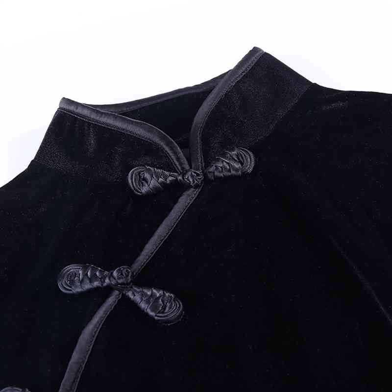 Spring Chinese Style cheongsam Mini Dress Sexy Gothic Long Sleeve Mandarin Collar Sheath Button Black Split Women 210521