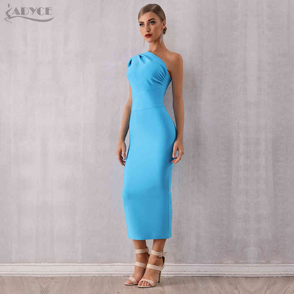 Fashion Elegant Women One Shoulder Bandage Dress Sexy Sleeveless Bodycon Sky Blue Celebrity Evening Party Dresses 210423