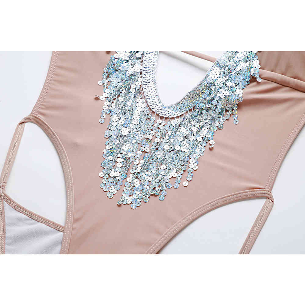 Sexy Swimsuit Women Sequin Tassel Swimwear Female V-Neck Push Up Monokini Backless Bathing Suit Summer Beach Wear 210521