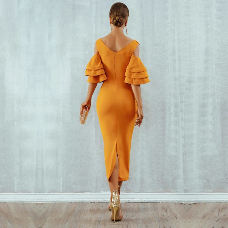 Women Dress V Neck Pile Up Sleeves Maxi es Solid Temperament Party es Off Shoulder High Waist Sexy Summer 210513