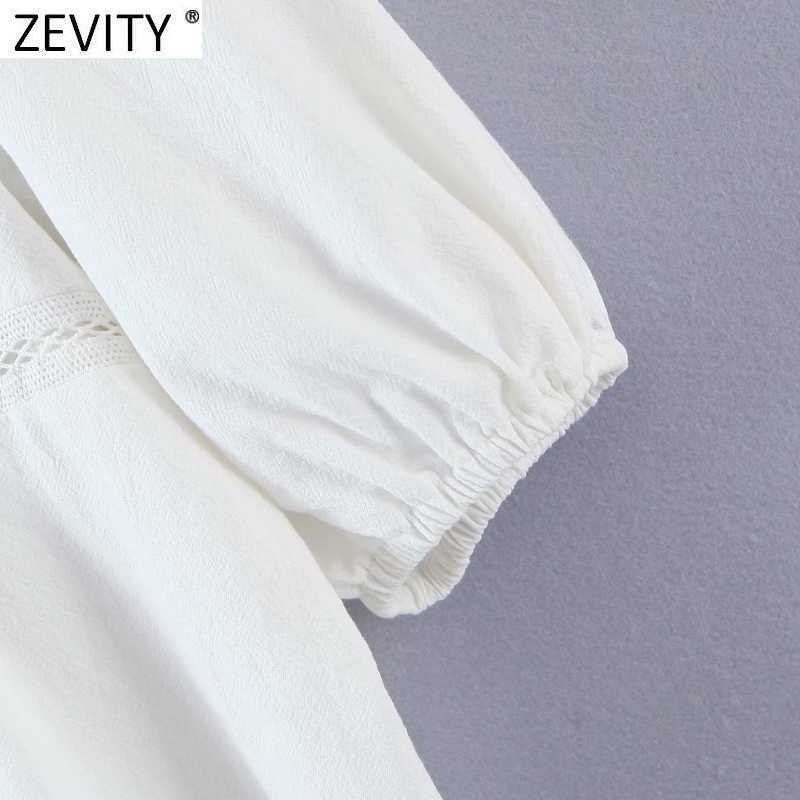Zevity Women Sweet V Neck Lace Patchwork Hem Pleat Ruffles Shirts Lady Lantern Sleeve Casual Slim Blouse Roupas Chic Tops LS9134 210603