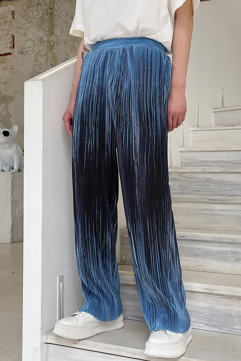 IEFB Summer Wrinkle Fabric Gradient Pattern Elastic Waist Men's Casual Pants Loose Straight Wide Leg Trousers 9Y7066 210524