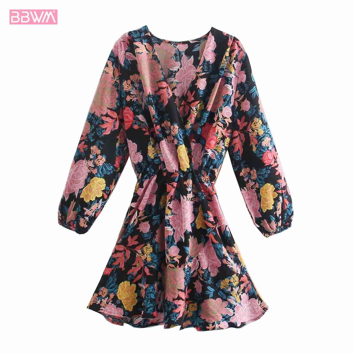 Women V-neck Long Sleeve Sexy Vintage Fashion Slim Printed Dress Chic Female Mini Dresses 210507