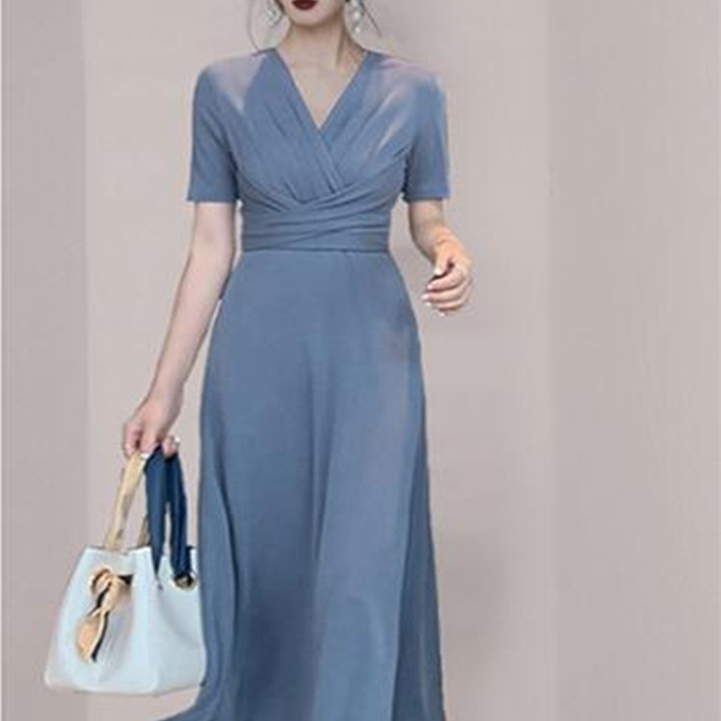 Fashion Elegant Dress Women Solid Color V Neck Short Sleeve Plated Swing Party Banquet 210520