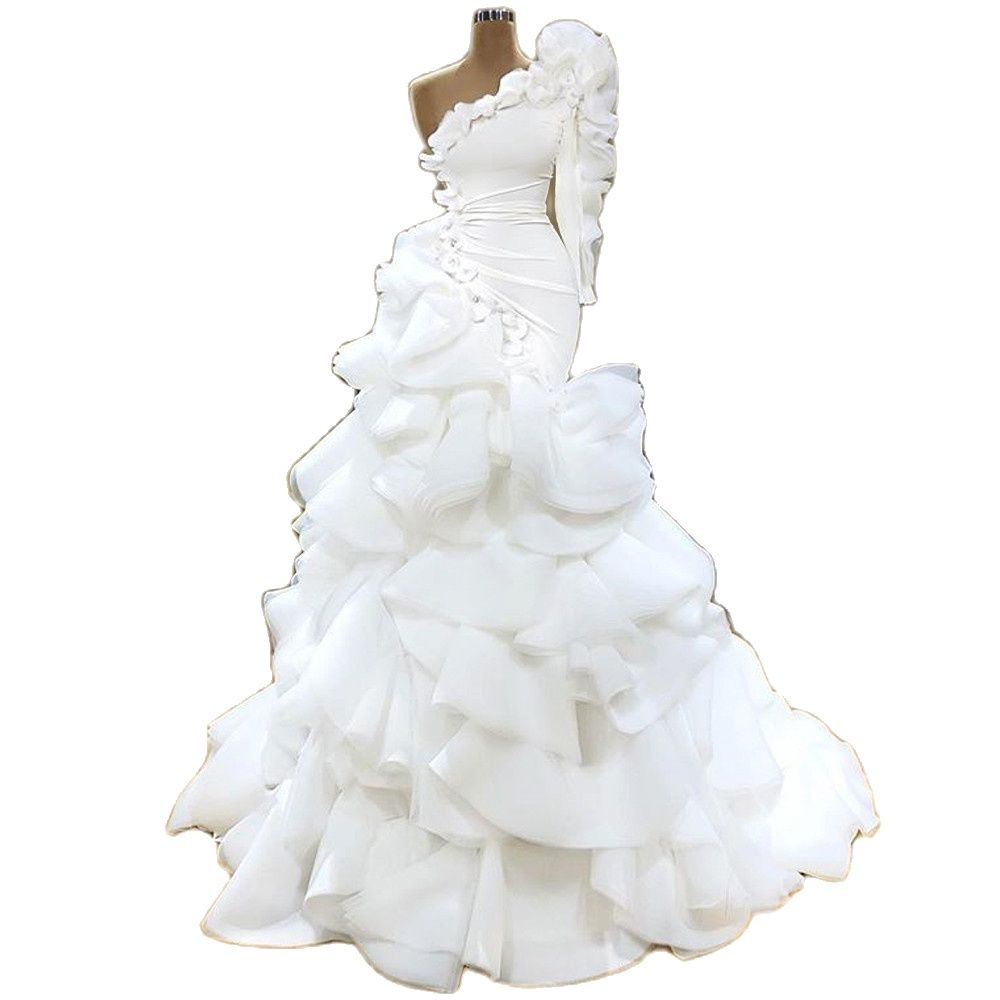 Elegant White Wedding Gowns One Shoulder Tiered Ruffles Floor Length Custom Made Bridal Dresses Plus Size