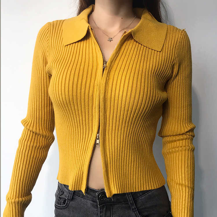 WOMENGAGA Sexy Double-headed Zipper Lapel Long Sleeve Knitted Cardigan Women's Short Tops Vertical Stretch Slim Sweater M02O 210603