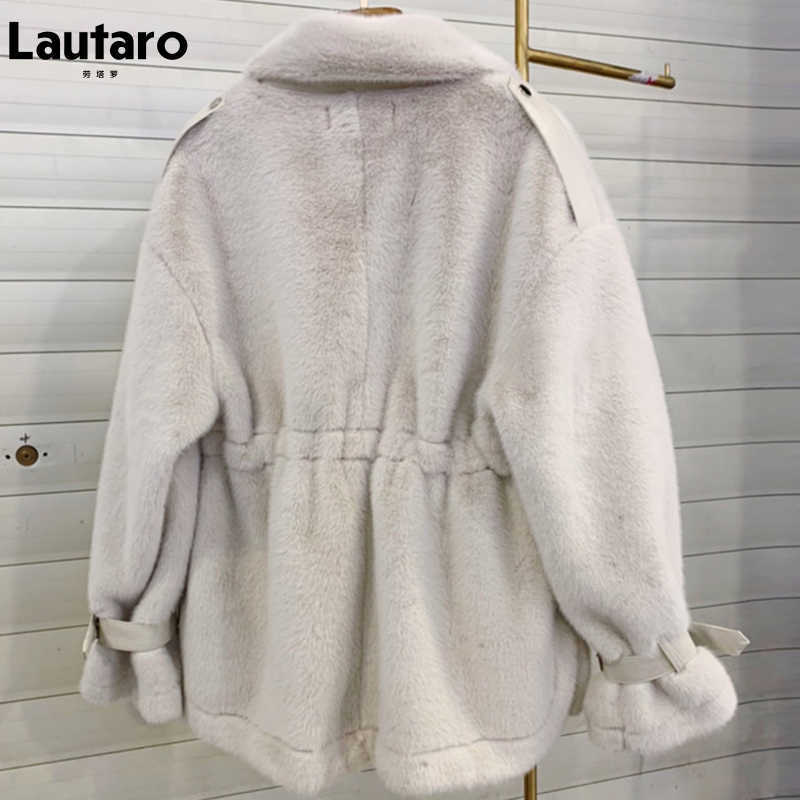 Lautaro Winter Soft Warm Thick Faux Fur Coat Women Drop Shoulder Long Sleeve Zipper Drawstring Fluffy Jacket Korean Fashion 211019