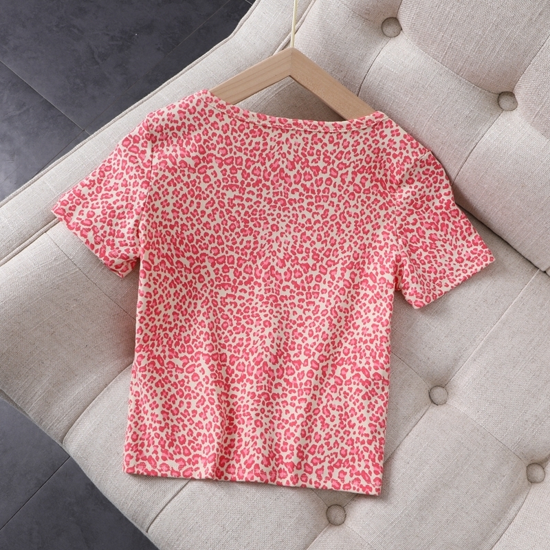 Slim girls vintage leopard short blouses summer fahsion ladies elegant bomb cotton shirts sexy female pink tops women chic 210317