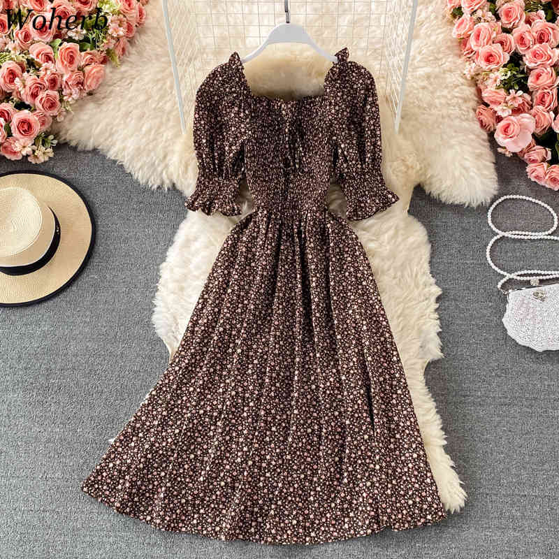 Summer Bohemian Midi Dress Women Pleated Vestidos Female Floral Print Chic Sweet Ruffle Robe Fashion Dresses 210519
