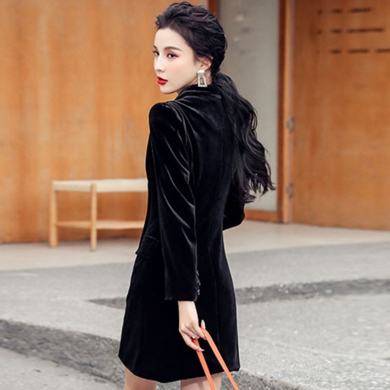 Autumn And Spring Black Velvet Slim Long-Sleeved Vintage Double-Breasted Coat 210520