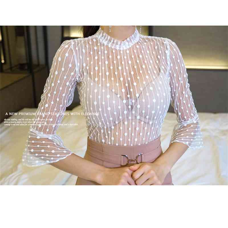 Elegant OL Style 2 Pieces suit Set White transparent flare sleeve Blouse + High Waist Pink Skirt Office Ladies Women 210519