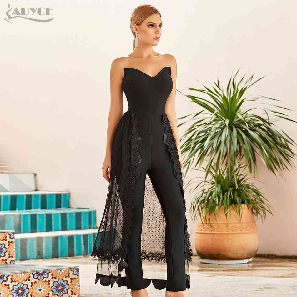 Bandage Jumpsuits For Women Black Bodycon Club Sexy Stapless Lace Bodysuit Romper Long Pants 210423
