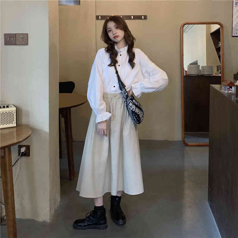 White Vintage Korean Shirt Women Stand Collar Lantern Sleeve Tops Solid Loose Fashion Ladies Blusas Femme 210514