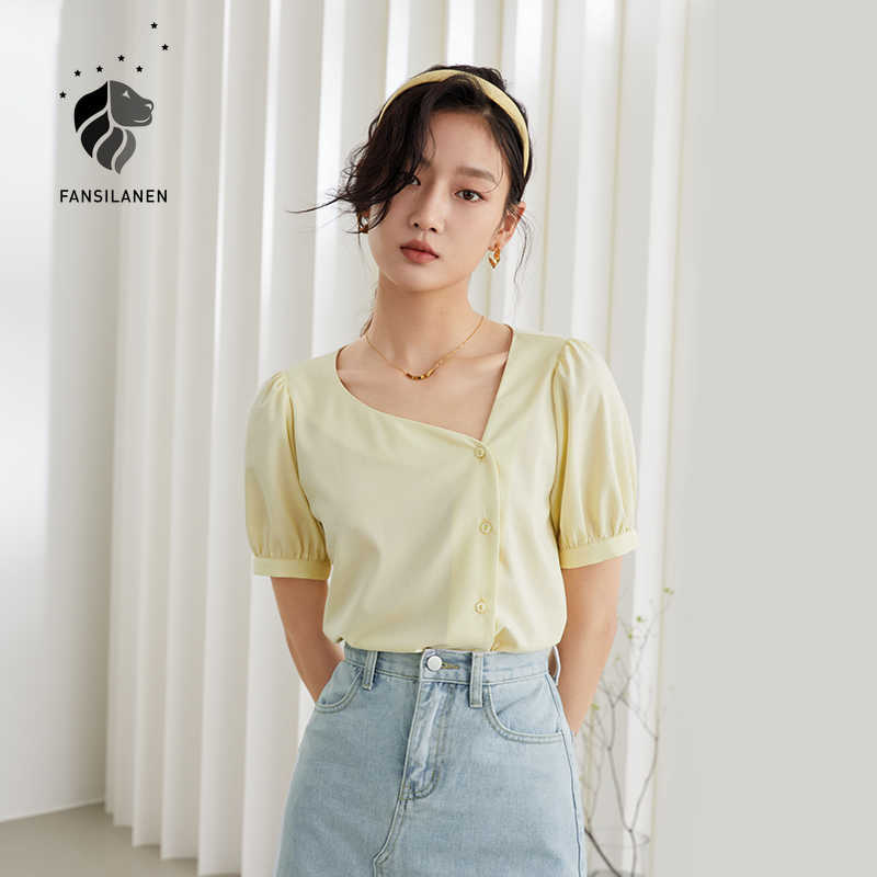 FANSILANEN Office Lady V-neck Shirt Female Short-sleeved Summer Women Loose Casual Bubble Sleeve Yellow 210607
FANSILANEN Office Lady V-neck Shirt Female Short-sleeved Summer Women Loose Casual Bubble Sleeve Yellow 210607