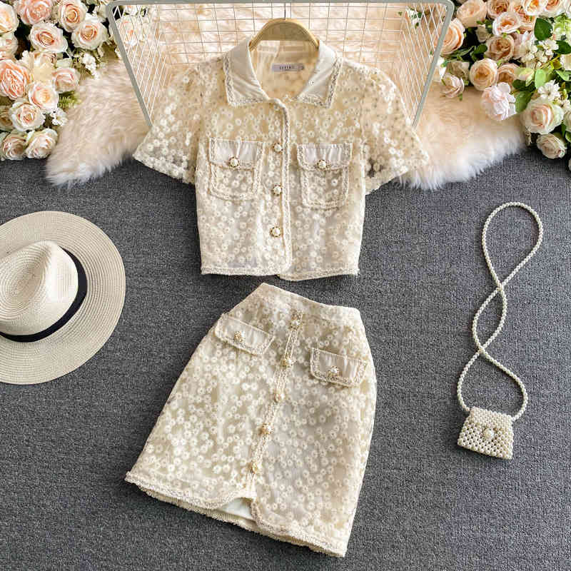 Double robe de haute qualité Petit parfum 2 Ensembles Womens Tentures de culture brodée Top Short Shirt Mini jupe Support Sweet Jchk