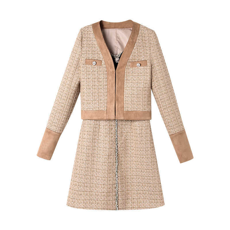 Perhaps U Women Vintage Tweed Jacket A-Line Dress Two-Piece Set Khaki Bow T0482…