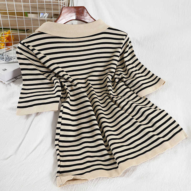 DEAT Women Polo Neck Striped T-shirt Long Pants Arrivals Two Piece Set Casual Fashion Temperament Spring Summer 210709