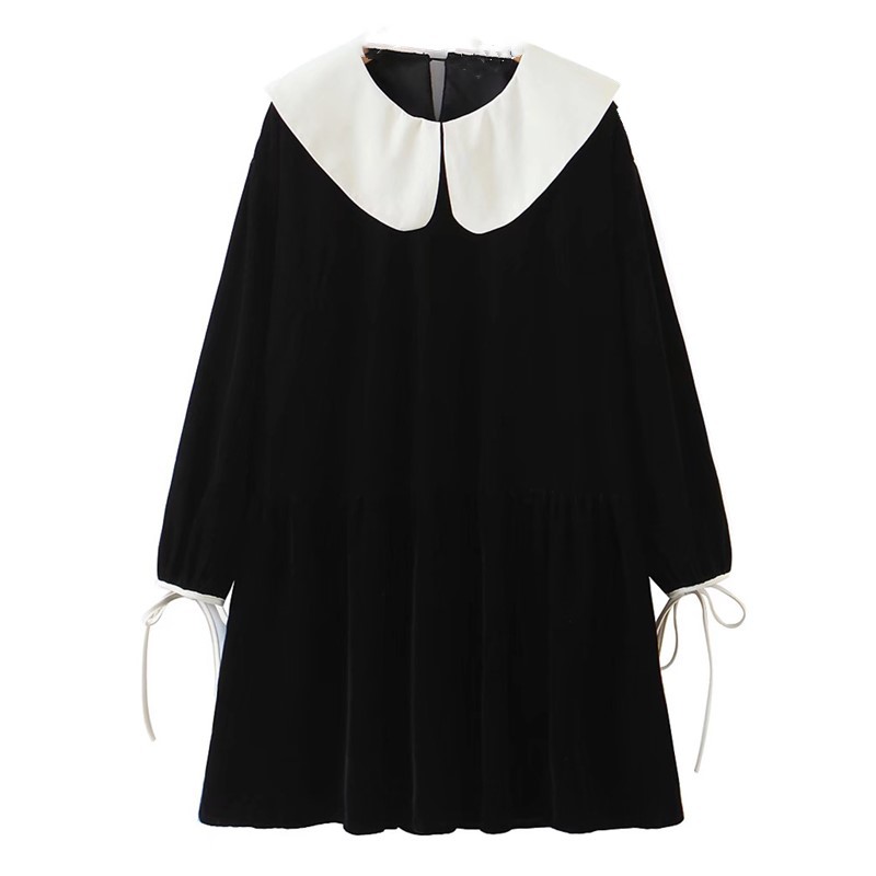 Winter Kawaii Retro Peter Pan Collar Long sleeve Short Velvet Dress Sweet Woman Loose Straight Dresses Velour 210429