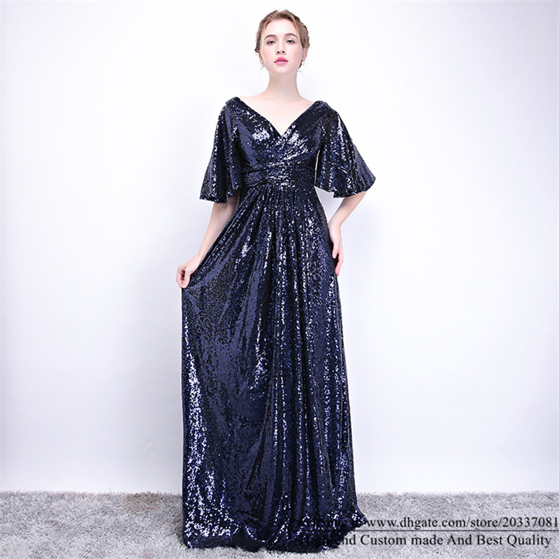 Sweety Sexy Drooping Style V-Neck A-Line Formal Evening Dresses 2021 Royal Blue Backless Sequined Prom Party Gowns E35