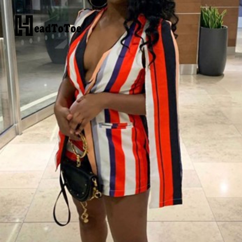 Striped Print OL Blazer Top Full Sleeve Scarf Collar Slim Blazers (Without Shorts) 210930