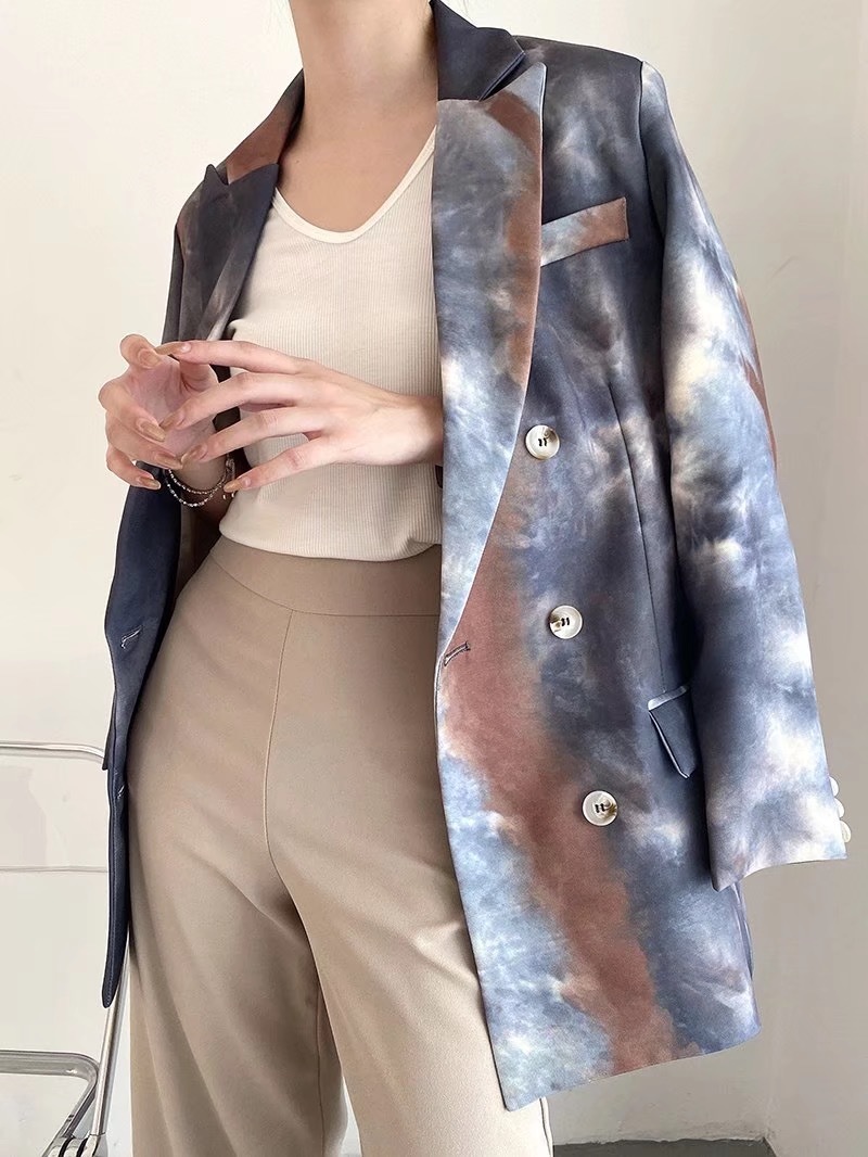 Autumn Gradient Tie die Blazer Boyfriend friend style Women Contrast color Suit Buttons Coat Fashion Femme 210429