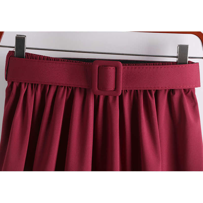 Surmiitro Midi Skirt Women With Belt For Spring Summer Ladies Korean Red Green Black Blue High Waist Long Female 210706