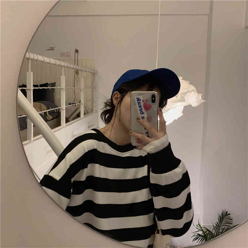2 colors autumn winter preppy style Women stripe Sweatshirts korean faux two pieces Sweatshirt Womens pullovers (CX8086) 210423