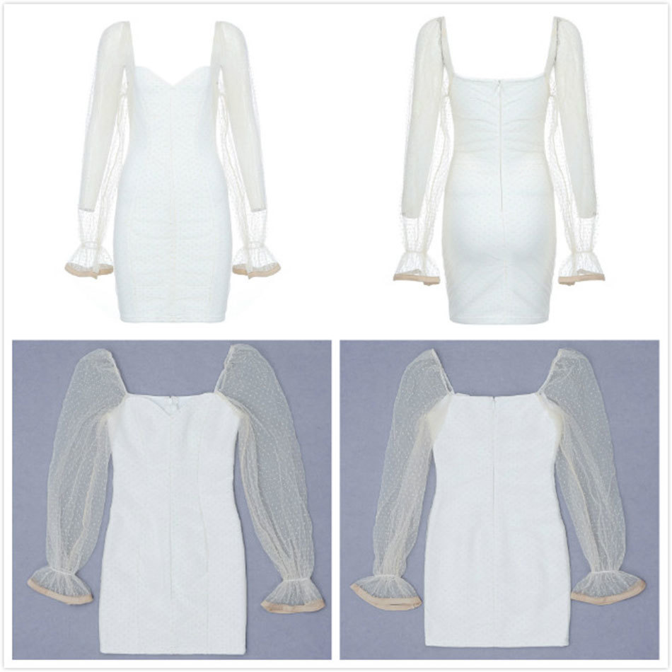 Free Women's White Polka Dot Lace Bandage Dress Sexy V-neck Bubble Long Sleeve Bodycon Club Party Mini Dresses 210524