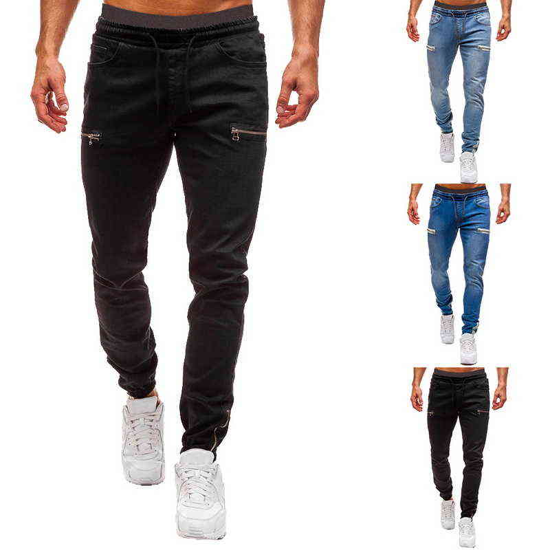 Men's Elastic Cuffed Pants Casual Drawstring Jeans Training Jogger Athletic Sweatpants Fashion Zipper 211108