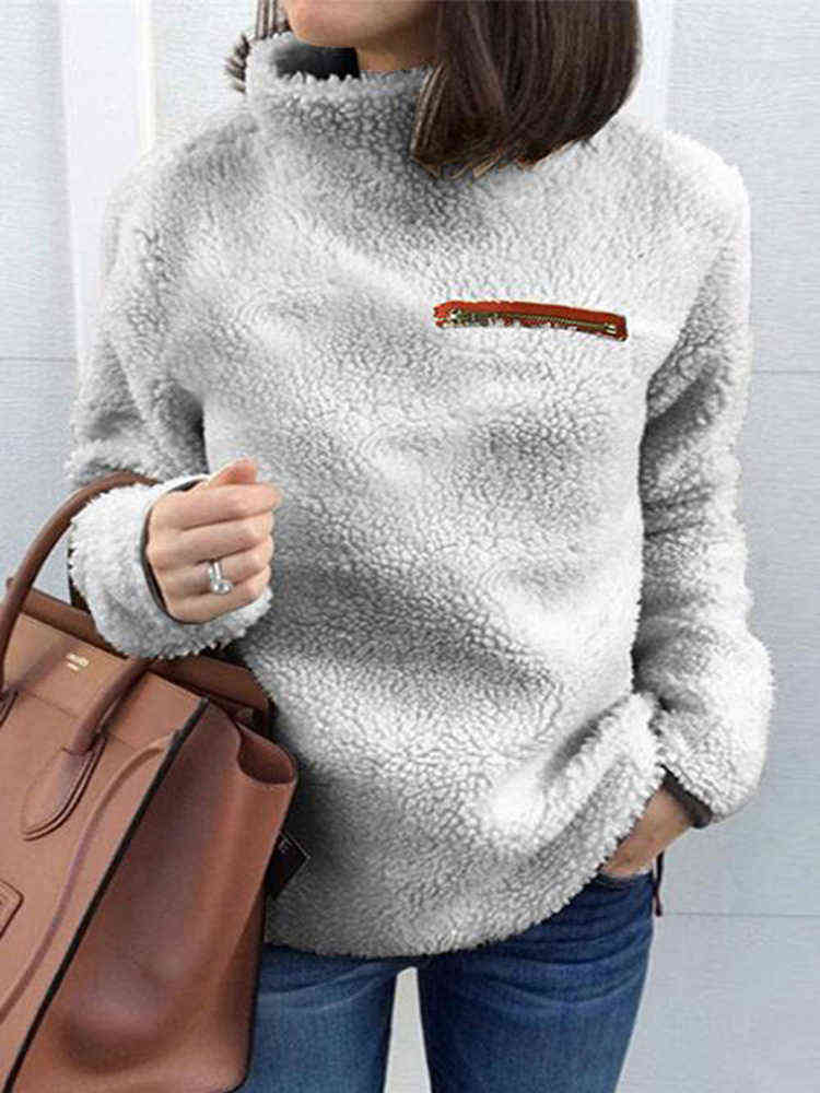 Women Sweatshirts Autumn Winter Top Long Sleeve Plush Warm Pullover Tunic Female Pink Ladies Clothing Zipper Streetwear 211109