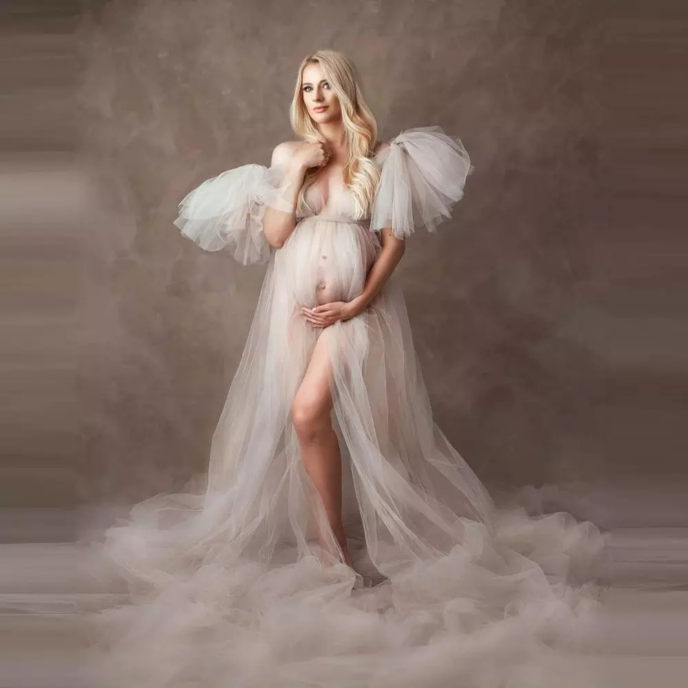 Elegant Soft Tulle Sleepwear Maternity Dresses Sleeveless Puffy Long Sexy See Through Custom Made Robes For Photography