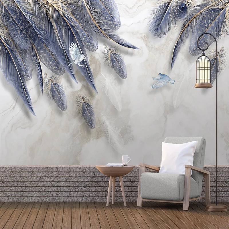 Custom Photo Wallpaper 3D Blue Feather Marble Mural Living Room TV Sofa Bedroom Creative Art Decor Waterproof