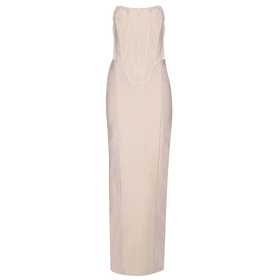 Free Women's Sleeveless Long Bandage Dress Beige Sexy Mesh Strapless Split Bodycon Club Evening Party Dresses 210524