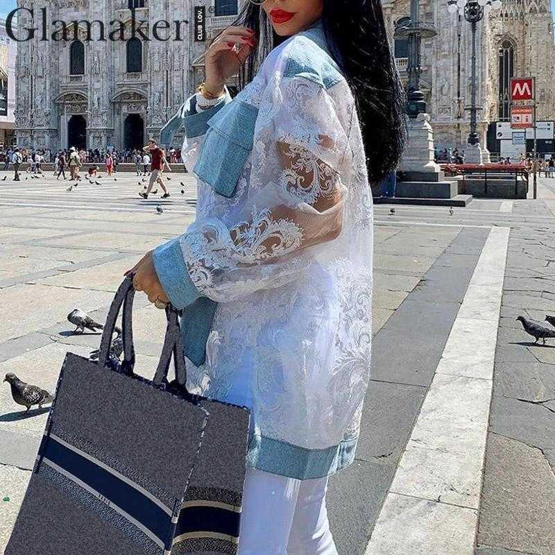 Glamaker Denim patchwork blouse shirt women Streetwear transparent autumn shirt top Sexy long sleeve lace white blouse ladies T191231